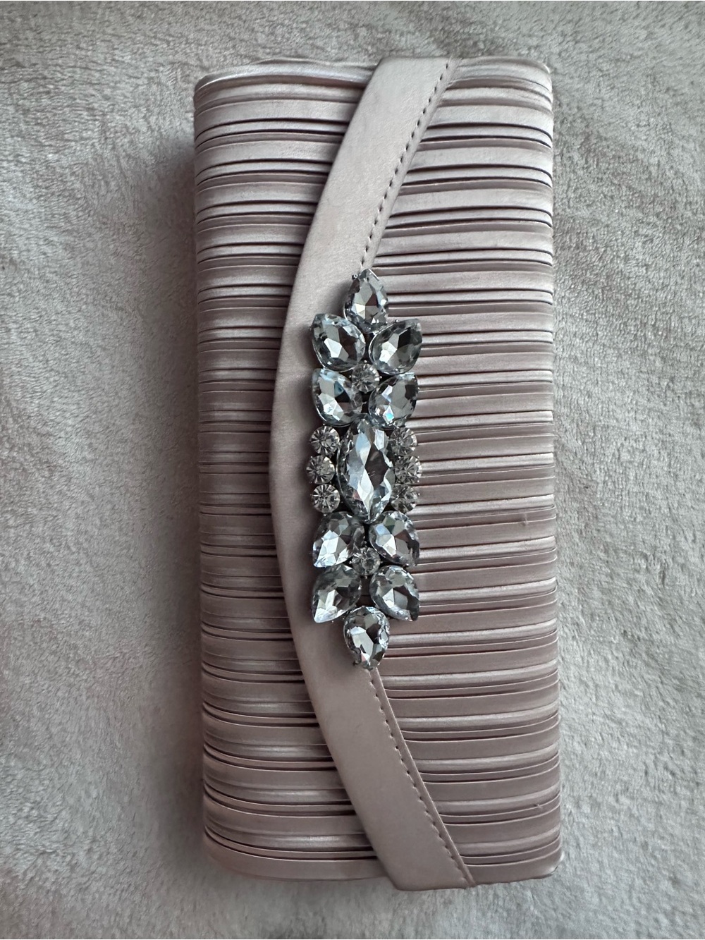 Elegant Satin Evening Clutch in Light Gold with Crystal Accent